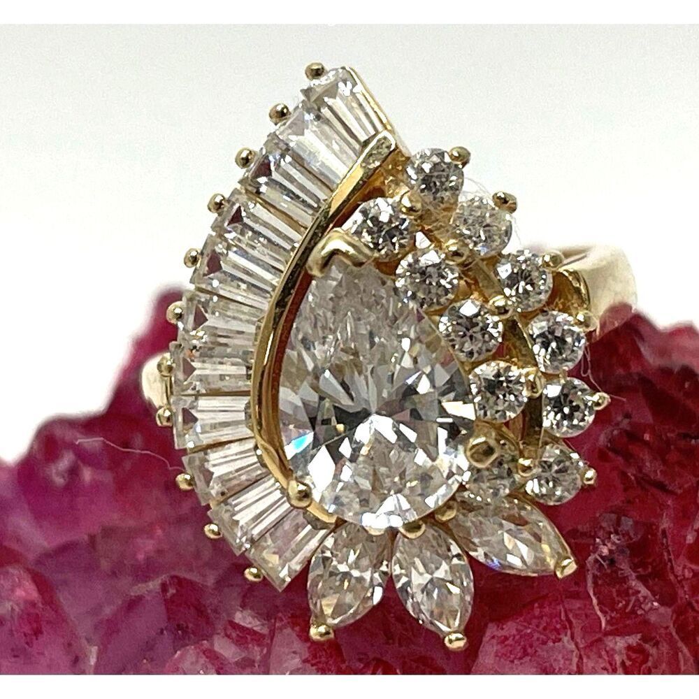 14K Yellow Gold Vintage Pear Moissanite-Diamond "Ballerina" Cocktail Ring